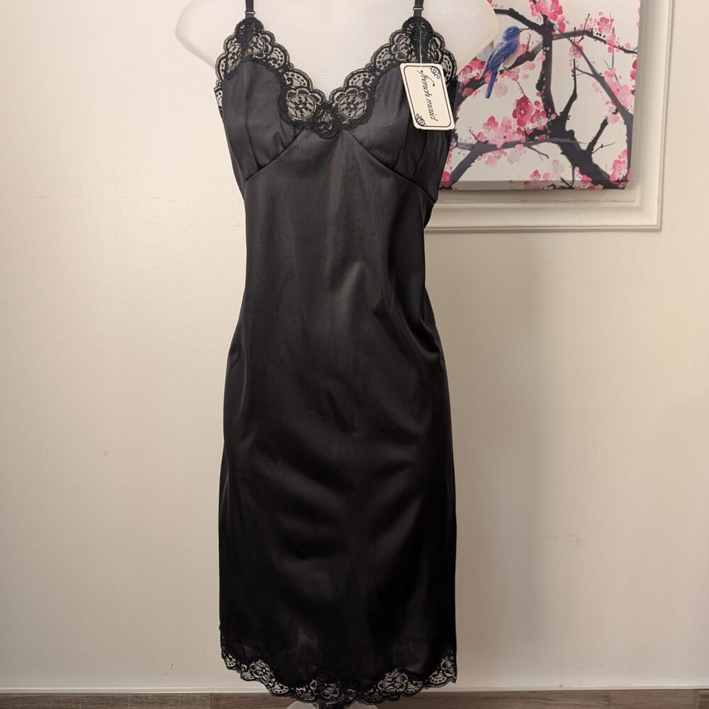 VTG French Maid Black Satin Lace Trim Slip Dress Nightgown Size 36 NWT Lingerie